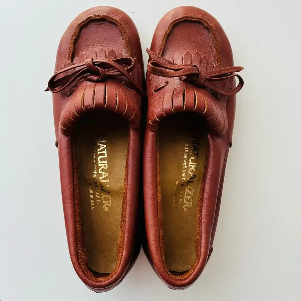 Vintage Red Brown Leather Fringe Moccasins Laced Wedge Rubber Sole Comfortable